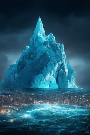 A majestic iceberg rises from the misty veil of a mystical realm, its crystalline facets glinting like shards of starlight. The framing showcases the iceberg's towering presence against a dark, foreboding sky with wispy clouds. Soft, ethereal lighting illuminates the surrounding waters, where delicate sea creatures dance in the currents. In the distance, a shimmering cityscape of crystal spires and towers beckons, its inhabitants whispering ancient secrets to the whispers of the wind.