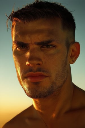 A close-up shot of Jerro's rugged face, set against a warm golden light, with a subtle gradient of sunset hues in the background. His strong jawline and piercing eyes are the focal point, framed by the texture of his weathered skin and the wisps of his hair. A hint of stubble adds depth to his features.