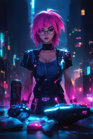 A futuristic gaming console glows in a darkened room as Art, a character with vibrant pink hair and edgy fashion sense, intensely gazes at the screen. The console's LED lights reflect off her glasses, highlighting her focus. A controller lies abandoned on the floor, surrounded by discarded energy drink cans and scattered game manuals. Neon cityscapes hum in the background, immersing Art in a world of digital fantasy.