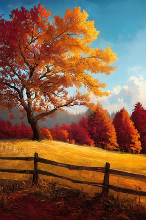 A serene autumn landscape unfolds, with golden leaves rustling in a gentle breeze against a cerulean sky. Vibrant oranges and crimson hues of maples and oaks dominate the scenery, set amidst a rustic wooden fence and rolling hills. A lone tree stands tall, its branches etched against the sky like a delicate pen and ink drawing.