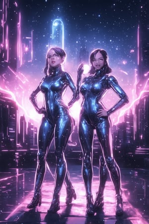 Space Girls: A futuristic, neon-lit cityscape at dusk, with sleek, silver spaceships docked in a hub-like structure. Three girls in shimmering jumpsuits, with short, styled hair and bold makeup, stand together, arms crossed, gazing out into the cosmos. One girl holds a glowing orb, while another has her hand on the hip of a nearby robot companion. The air is thick with an otherworldly energy as they prepare for their next intergalactic adventure.