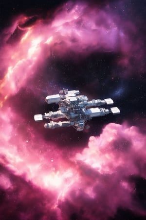 A futuristic space station floats in a deep pink nebula, surrounded by swirling vortex-like clouds of dusty particles. The station's sleek, metallic surface reflects the vibrant color of the surrounding gas, while stars and galaxies twinkle like diamonds against the dark background.