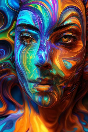 A close-up shot of a vibrant, 3D-rendered face with an array of colorful, swirling patterns and shapes covering its surface. The lighting is soft and even, casting no harsh shadows. The subject's features are still discernible beneath the kaleidoscope of colors, giving a sense of depth and dimensionality. A mesmerizing, abstract beauty unfolds.