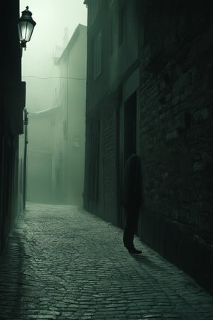 A dimly lit alleyway shrouded in misty darkness, with only a faint streetlamp casting an eerie glow on the worn cobblestones. Shadows dance across crumbling brick walls, as a lone figure stands motionless, face obscured by the veil of night.