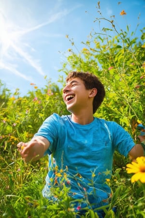 A warm sunlight frames a carefree moment on a sunny day, with soft focus and a gentle glow. A young person, laughing and playing, is centered in the shot, surrounded by lush greenery and vibrant flowers. The bright blue sky above creates a beautiful contrast, while a few wispy clouds add a touch of whimsy. Summer's joy and freedom are palpable in this idyllic scene.