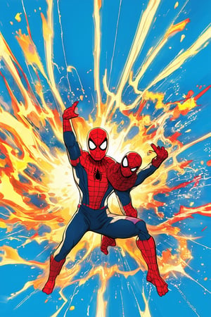 A vibrant, comic book-inspired illustration of Marvel's iconic characters in a kaleidoscope of bright colors. The scene is set against a bold, gradient blue background with streaks of golden light emanating from the top left corner. Spider-Man and Captain America pose heroically in the center, surrounded by swirling shapes and patterns reminiscent of a superhero comic book splash page.