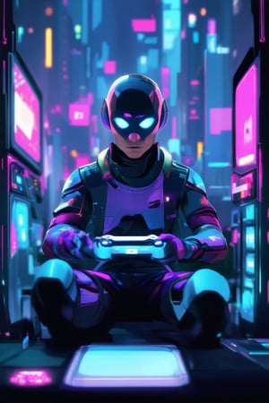 A futuristic gamer character sits in a dimly lit, neon-lit cyberpunk cityscape, surrounded by holographic screens and retro-futuristic gadgets. The character's eyes glow with an otherworldly intensity as they focus on their controller, fingers moving swiftly across the buttons to dominate the digital realm.