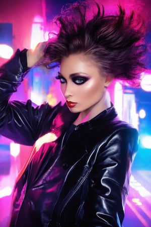 A close-up shot of a striking beauty in 80s style: big hair teased to new heights, bold lip color glistening under gleaming highlights. She smizes confidently, one hand resting on the shoulder of her sleek black leather jacket, as she strikes a pose against a neon-lit cityscape backdrop.