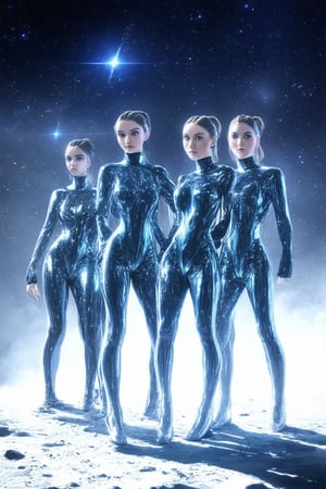 A group of futuristic space girls in sleek, metallic jumpsuits stand together on a misty, neon-lit lunar surface. The distant hum of spacecraft and pulsing blue lights create an otherworldly atmosphere. The girls' arms are crossed, their eyes fixed intently on the stars above as they await their next intergalactic mission.