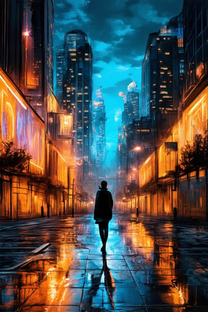 A surreal dreamscape: A cityscape at dusk with vibrant neon lights reflecting off the wet pavement, a lone figure in the distance walks away from the camera, lost in thought as the sky transitions from orange to deep blues and purples, with towering skyscrapers silhouetted against the night sky.