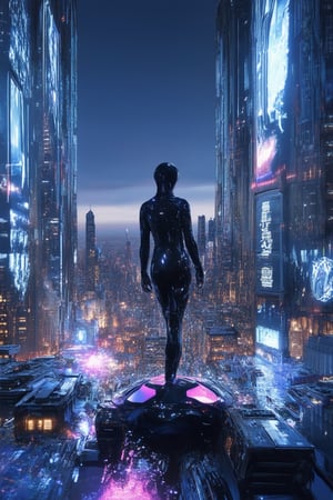 A futuristic cityscape at dusk, with holographic advertisements swirling around skyscrapers, as a lone figure in a sleek black jumpsuit stands atop a sleek hoverbike, gazing up at the holo-dyss projections dancing across the city's towering structures. Soft neon lights illuminate the darkening sky.