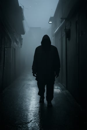 A dimly lit alleyway at midnight, with only a few faint streetlights casting an eerie glow on the wet pavement. In the center of the frame, a mysterious figure shrouded in darkness, their features obscured by a hood and shadows. The air is heavy with mist, adding to the sense of foreboding.