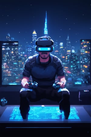 A futuristic gamer sits in a darkened room, surrounded by neon-lit computer screens and flashing LED lights. The character's eyes glow bright blue as they intensely focus on their virtual reality headset, hands gripping controllers with a determined grip. A cityscape sprawls behind them, a majestic skyscraper piercing the night sky. The gamer's pixelated avatar appears on screen, ready to conquer new realms.