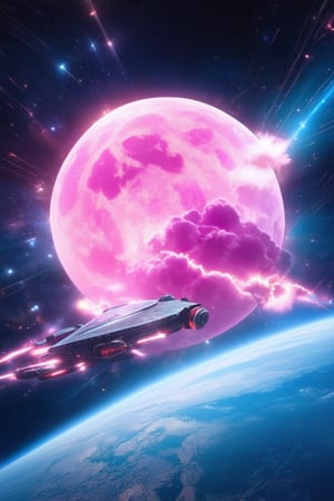 A futuristic 3D pink space scene: a vibrant galaxy with swirling pink clouds of gas and dust, illuminated by soft, pulsing neon lights. In the foreground, a sleek silver spacecraft orbits a giant pink moon, its propellers glowing bright pink as it leaves a trail of sparks in its wake.