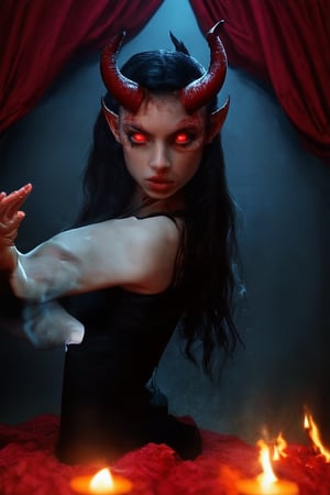 A sultry girl devil poses dramatically in a darkened room, surrounded by crimson drapes and flickering candles. Her horns curve upwards from her forehead, and her piercing red eyes seem to gleam with mischief. A fiery aura surrounds her as she stretches out one hand, beckoning the viewer closer.