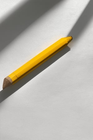 A close-up shot of a bright yellow crayon lying on a white paper sheet, surrounded by subtle gray shadows. The crayon's vibrant hue is evenly lit from above, with gentle highlights and soft crevices adding depth. The composition is simple yet harmonious, with the crayon centered in the frame.