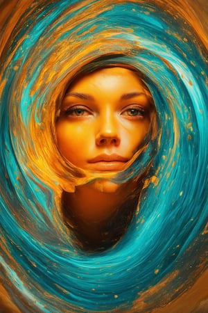 A vibrant 3D portrait of a person's face, with bright, swirling colors engulfing their features. The subject's eyes gleam like polished gemstones, surrounded by swirling turquoise and orange hues. A warm golden light radiates from the left side of the image, casting a gentle glow on the subject's cheekbones and nose. The colorful composition creates a mesmerizing, dreamlike effect, as if the face is emerging from a kaleidoscope.