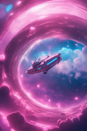 A futuristic 3D rendering of a pink space, with a vibrant, neon-lit environment and swirling galaxies in shades of hot pink. The camera zooms in on a sleek, metallic spacecraft hovering above a pink-hued asteroid field, lit by an array of twinkling stars. The composition emphasizes the ship's angular design against the soft, puffy clouds of pink gas.