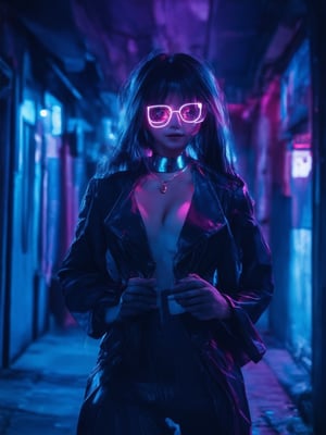 In a neon-drenched alleyway, a cyberpunk girl stands out against the dark surroundings. Her clear neon glasses gleam like a beacon, framing her striking features. Golden ratio details weave through the composition, drawing the viewer's eye to her intricate, decadent outfit. In 32K UHD resolution, every strand of hair and fiber of fabric is rendered with precision. The fantasy world around her comes alive with vibrant complementary colors, deep background, and beautiful lighting and shading. Her eyes, like pools of warmth, shine bright with a sharp focus that invites the viewer to step into her ever-after high realm.