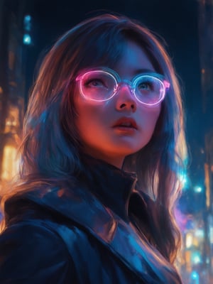 A cyberpunk girl with clear neon glasses gazing upward, surrounded by a warm glow of subtle light leaks. The intricate details of her attire and the decadent beauty of the fantasy cityscape are rendered in stunning 32K UHD resolution. Golden ratio proportions harmonize the composition, while smooth shading and sharp focus emphasize the subject's charming expression. Masterpiece-level digital painting, reminiscent of Artgerm's or Loish's style, with highest quality detailed eyes and face. The vibrant complementary colors pop against a deep background, illuminated by rim light and subsurface scattering.