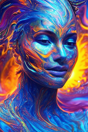 A vibrant, 3D-generated portrait featuring a bright, glowing face with swirling colors and textures. The subject's skin is a kaleidoscope of blues, purples, and oranges, with intricate details and patterns that seem to shift and shimmer in the light. The facial features are subtle yet expressive, with gentle, knowing smile.