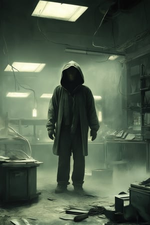 A dimly lit, abandoned laboratory at dusk. Shadows dance across worn equipment and scattered notes, illuminated only by faint LED lights. In the center, a lone figure stands amidst the chaos, shrouded in darkness, their features obscured by an oversized hood.