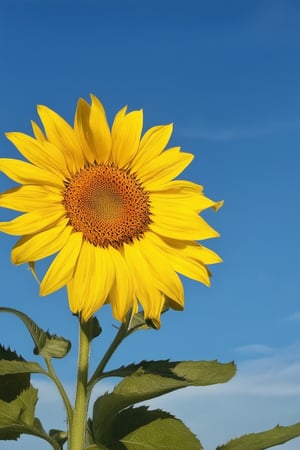 A vibrant yellow hue fills the frame as a bright sunflower stands tall against a soft blue sky, its petals stretching towards the warm light. The camera captures the delicate texture of the flower's center, surrounded by a halo of light that highlights its intricate details.