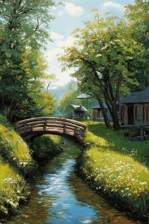 A serene landscape of Jero's village in the United States: a rustic wooden bridge spans a gentle stream, surrounded by lush greenery and vibrant wildflowers. Warm sunlight filters through the trees, casting dappled shadows on the grassy bank. A few locals go about their daily routine, adding a sense of quiet community to the peaceful scene.