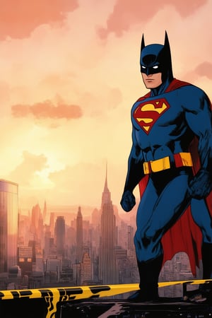 A dark and gritty cityscape at sunset, with iconic DC Comics characters in a dynamic pose. Superman stands tall, his blue suit glowing against the fiery sky as he looks out over Metropolis. In the foreground, Batman crouches low to the ground, eyes fixed intently on a crime scene investigation. The Bat-Signal casts a dramatic glow, illuminating the heroes' determination.