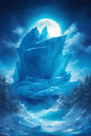 Imagine a majestic iceberg, gleaming with an ethereal blue glow, floating amidst a swirling vortex of mystical mist and shimmering silver clouds. Framed by a crescent moon's gentle light, the iceberg's crystalline structure refracts a kaleidoscope of colors, as if infused with ancient magic. In the foreground, a delicate ice-encased forest whispers secrets to the wind.