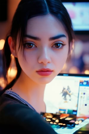 A close-up shot of a young woman's face, lit by the soft glow of a laptop screen. She's a skilled gamer, her eyes fixed intently on the virtual battlefield as she commands her characters with precision. A few strands of hair escape her ponytail, framing her determined expression. The background is a blurred mix of gaming peripherals and scattered snacks.