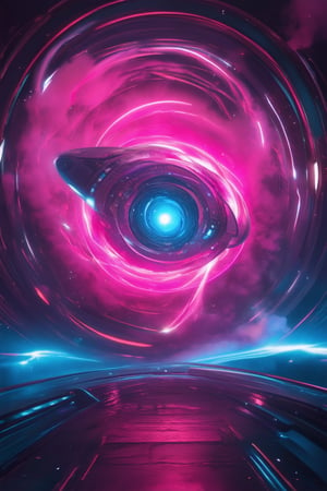 A futuristic, neon-lit 3D pink space setting with a swirling vortex of bright pink mist filling the background, surrounded by gleaming metallic surfaces and pulsating blue accents. A sleek, iridescent spaceship hovers in the foreground, emitting a warm pink glow as it navigates through the cosmic storm.