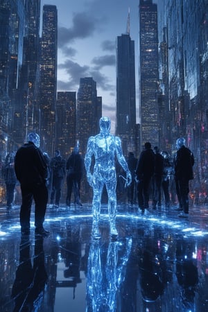 A futuristic cityscape at dusk, with neon-lit skyscrapers reflected in a holographic grid projected onto the pavement. A group of individuals dressed in attire blending sci-fi and cyberpunk elements are gathered around a central figure, illuminated by a spotlight. The leader, clad in a shimmering holo-suit, holds a tablet emitting a soft blue glow, as the others form a semicircle around them. The city's towering skyscrapers loom behind, their peaks disappearing into the clouds.