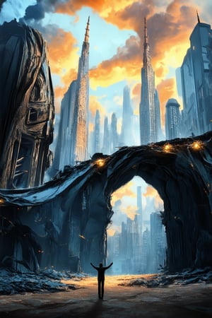 A vivid dream sequence unfolds: A surreal cityscape with towering spires and twisted skyscrapers looms in the background. In the foreground, a lone figure stands atop a crumbling archway, arms outstretched as if embracing the ethereal clouds above. Soft, pulsing lights dance across the scene, casting an otherworldly glow.