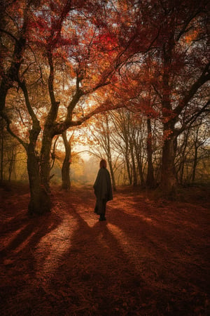 Golden light of late afternoon sun casting long shadows across the rust-hued forest floor. Vibrant red and orange leaves clinging to ancient trees, their branches twisted in macabre dance. A lone figure, dressed in tattered cloak, stands amidst the foliage, eyes aglow with a mournful intensity. The air thick with the scent of damp earth and decaying leaves, as nature's final whispers echo through the desolate landscape.