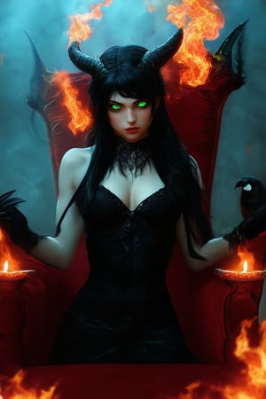 A sultry, horned siren with piercing green eyes and raven-black hair, posing seductively on a crimson velvet throne. She's surrounded by eerie candlelight, casting an otherworldly glow on her porcelain skin. A fiery red aura emanates from her horns, as if hellfire itself fuels her malevolent charm.