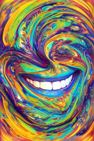 A vibrant 3D illustration of a smiling face with swirling colors, reminiscent of a kaleidoscope. The bright hues dance across the subject's features, creating a mesmerizing effect. The eyes sparkle with joy, while the mouth curves upward in a warm smile. The colorful chaos is framed by a subtle gradient, allowing the viewer to focus on the whimsical expression.