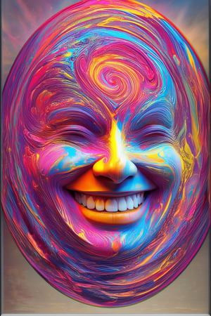 A vibrant 3D rendering of a smiling face with intricate details and bright, swirling colors. The subject's features glow in shades of pink, blue, and yellow, as if illuminated from within. Framed by a circular composition, the face is centered, with swirling patterns radiating outward like a cosmic aura.