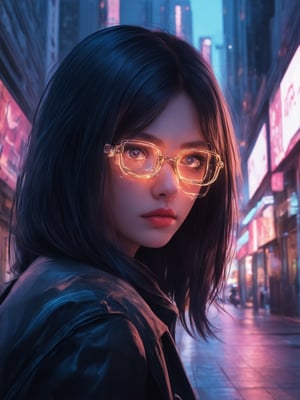 In a neon-lit alleyway, a cyberpunk girl gazes out at the viewer through clear, glowing glasses that refract the urban landscape. Her golden-ratio framed features shine with intricate details, set against a decadent backdrop of towering skyscrapers and holographic advertisements. Soft light leaks illuminate her smooth, sharp-focused face, while subsurface scattering adds depth to her detailed eyes. A rim of warm light defines her profile, casting a charming glow on the scene. The vibrant colors of her cyberpunk attire pop against the deep, mysterious background, creating a masterclass in UHD illustration that rivals the best art by Artgerm, Loish, and Wlop.