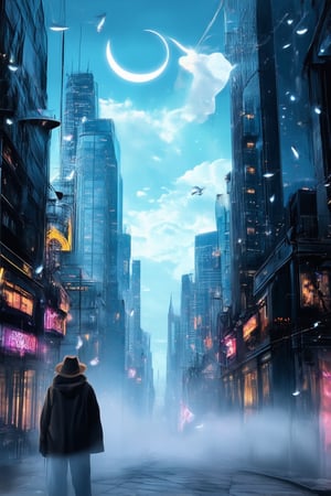 A vibrant, surreal cityscape at dusk: towering skyscrapers with neon lights flickering like fireflies, a giant crescent moon suspended above, and wispy clouds resembling a misty veil. In the foreground, a lone figure in a fedora and coat, eyes closed, surrounded by swirling fog, as if lost in their own subconscious.