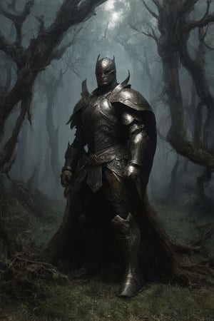 A heroic figure stands majestically in a dimly lit, misty forest, illuminated only by a faint moon glowing through the treetops. The legendary warrior's armor glistens with an otherworldly sheen, as if infused with ancient magic. Framed against a backdrop of twisted roots and gnarled branches, the hero's powerful stance conveys unwavering determination, as if ready to vanquish any darkness that dare approach.