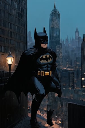 A dark and gritty cityscape at dusk with a towering skyscraper in the background, Batman perched on a rooftop ledge, his silhouette illuminated by a faint blue glow from a nearby streetlight. His eyes scan the crowded streets below as he surveys the Gotham City metropolis.