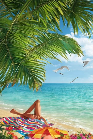 A warm and inviting image of a person lounging on a colorful beach towel, surrounded by lush green palm trees and vibrant beach umbrellas. Soft sunlight casts a golden glow, illuminating the subject's relaxed pose as they gaze out at the crystal-clear turquoise water lapping at the shore. The air is filled with the sweet scent of blooming flowers and the distant sound of seagulls overhead, capturing the essence of a carefree summer day.