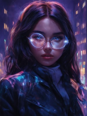 A cyberpunk beauty with clear neon glasses gazes out at the viewer, set against a vibrant cityscape. Her golden ratio-posed features are rendered in exquisite detail, from the intricate folds of her jacket to the decadent curves of her hair. In 32K UHD, her eyes shine like stars, their detailed pupils and eyelashes drawing the eye inward. A masterpiece of digital painting, this artwork blends the fantasy and cyberpunk worlds with a sense of warmth and charm. Light leaks and subsurface scattering add depth, while rim light illuminates her features, casting a beautiful glow. The background is a deep, rich purple, offset by vibrant complementary colors that pop against her sharp-focused face.