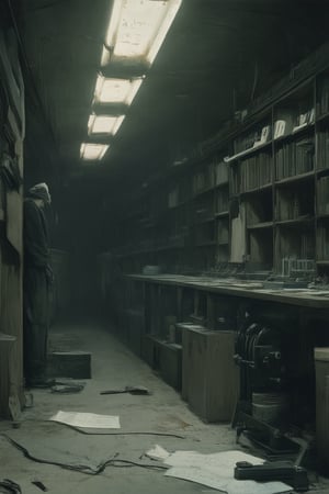 A dimly lit, underground laboratory at dawn's early light, shrouded in an aura of logical darkness. Rows of dusty bookshelves and flickering fluorescent tubes illuminate a lone figure hunched over a workbench, surrounded by scattered equations and cryptic notes. The air is thick with the scent of worn leather and old machinery.