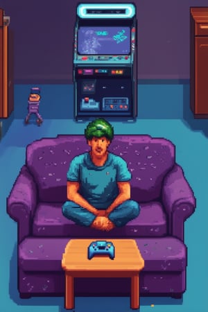 A pixelated gamer sits cross-legged on a vibrant purple couch, surrounded by a halo of soft blue light. The gaming console and controllers are stacked beside them, with a worn-out joystick resting on the coffee table. A retro arcade cabinet stands tall in the background, casting a warm glow over the scene.