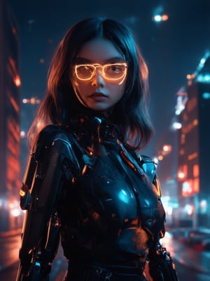 In a dystopian metropolis, a cyberpunk girl with clear neon glasses and intricate, decadent cybernetic enhancements poses confidently against a cityscape at dusk. Golden ratio details weave throughout the composition as she gazes directly into the camera. Soft light leaks from the rim of her glasses illuminate her detailed face and eyes, set against a deep, vibrant background. Sharp focus on every feature, from the subtle folds in her clothing to the delicate curves of her cybernetic limbs. (32k UHD masterpiece with subsurface scattering and stunning lighting effects).