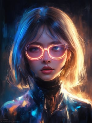 A cyberpunk girl with clear neon glasses shines brightly in a decadent, intricately detailed digital painting. Set against a deep, vibrant background, she's posed in sharp focus, her face and eyes rendered in the highest quality (32k UHD). Golden ratio details abound, as if this masterpiece was created using octane render. Light leaks and subsurface scattering infuse warmth, while rim light defines her features. Her expression is charming, heartwarming, and uplifting, like a work of art by Loish or Artgerm.