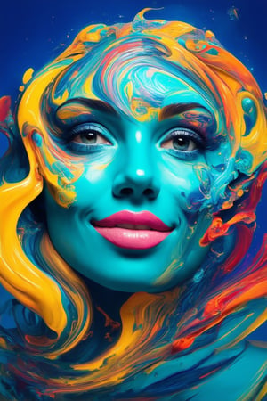 A vibrant, 3D-rendered face with bold, swirling colors engulfing every feature. The subject's skin glows with a mesmerizing turquoise hue, while bright pink lips curve into a cheerful smile. Yellow and orange hues dance across the eyes, casting a warm glow on the surrounding features. The entire composition is set against a deep blue background, creating a stunning visual contrast that draws the viewer in.