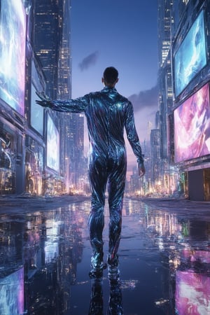 A futuristic cityscape at dusk, with towering skyscrapers and holographic advertisements reflecting off wet pavement. In the foreground, a lone figure in a Holo Dyss-inspired jumpsuit stands confidently, their arm outstretched as if embracing the neon-lit metropolis. The sky is a deep shade of indigo, with wispy clouds streaked across it like brushstrokes on a canvas.